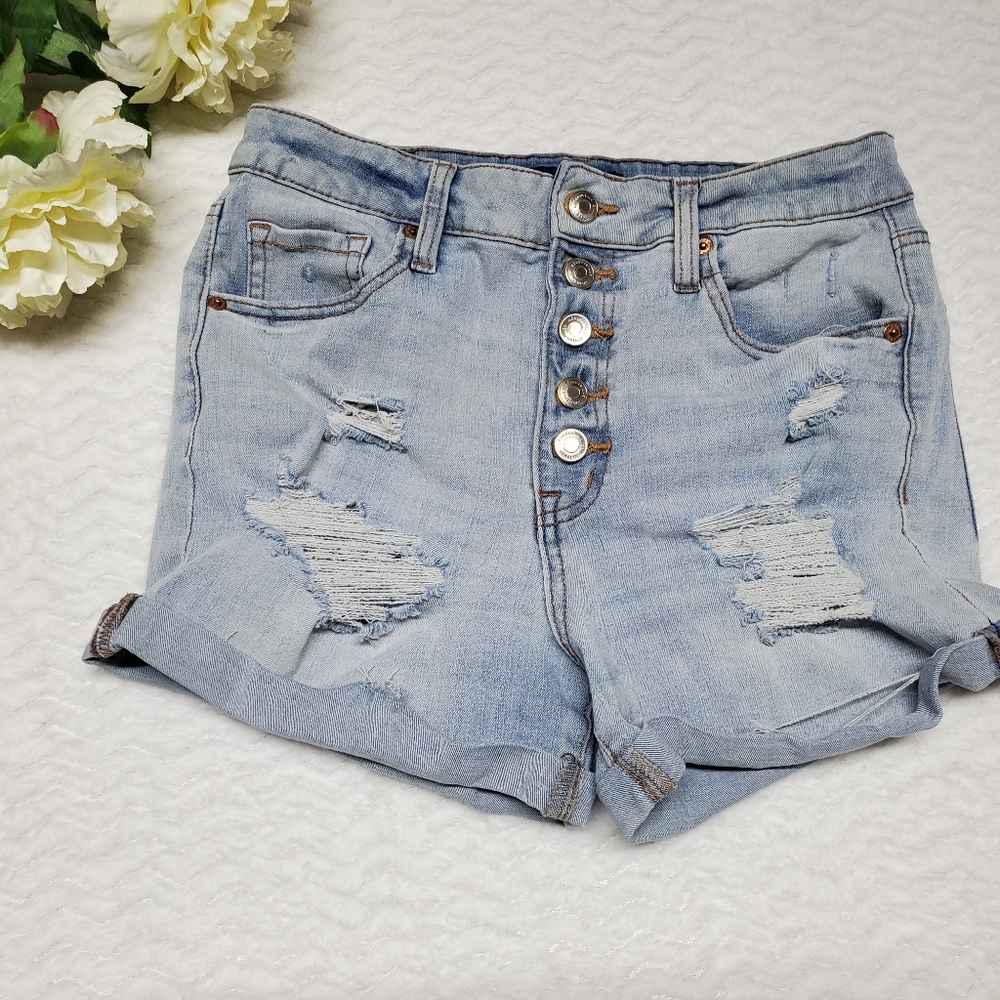 aeropostale 10 Super High Rise Midi Denim Shorts Distressed Button Up Light Wash